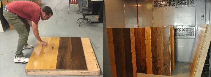 Undergraduate student examining flooring and panels in the MCMEC chamber